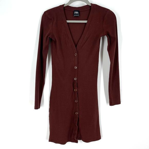 Zara Brown Ribbed Knit Button Down Cardigan Women's Size Small - Picture 1 of 7